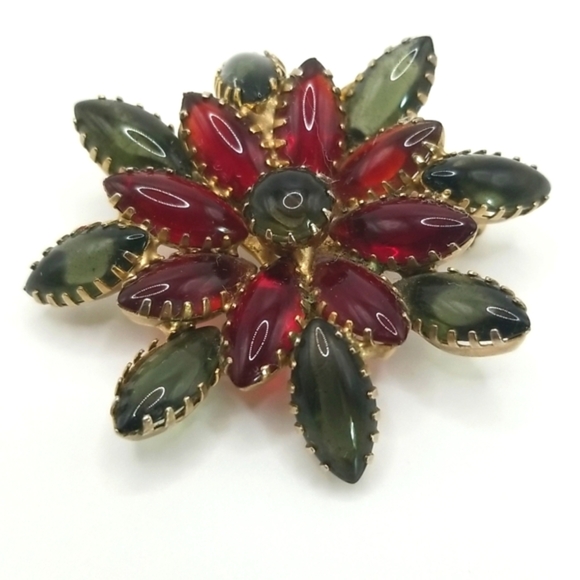 Vintage Unsigned Deep Red and Green Rhinestone Flower Brooch Pin